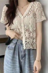 V-Neck Knitted Embroidered Crochet Open Shirts